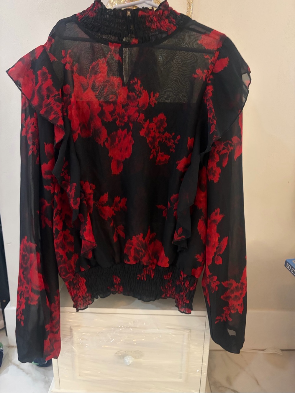 Sheer Black Blouse with Red Floral Print - Smocked Neck & Hem
